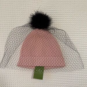 Kate Spade Pink Veil Hat Beanie with Black Pom and Veil TAGS ON